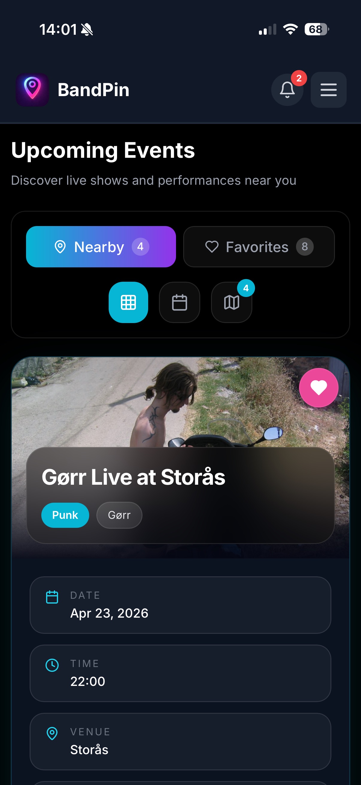 BandPin events screenshot