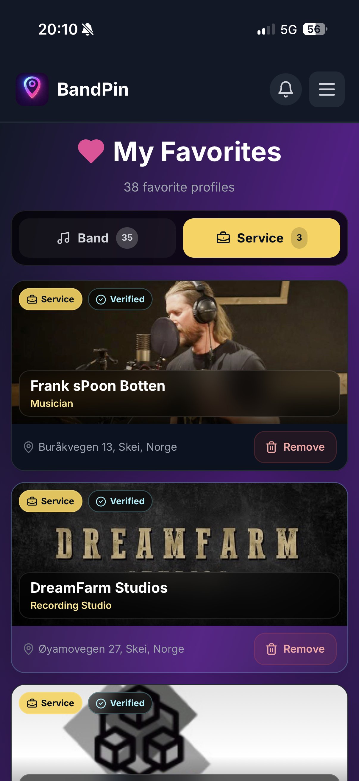 Favorite service profiles in BandPin